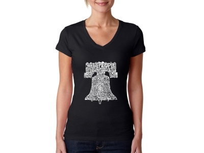 LA Pop Art Women's Word Art V-Neck T-Shirt - Liberty Bell, Medium, Black