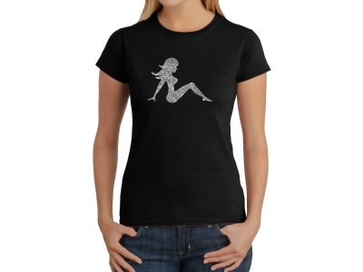 LA Pop Art Women's Word Art T-Shirt - MUDFLAP GIRL, Small, Black