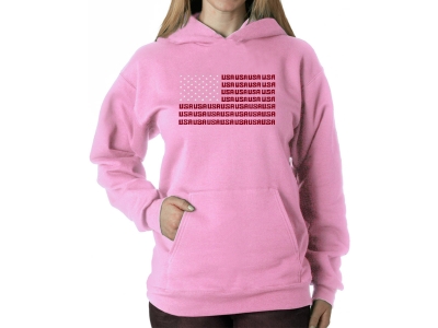 LA Pop Art Women's Word Art Hooded Sweatshirt - USA Flag, Large, Pink