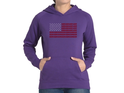 LA Pop Art Women's Word Art Hooded Sweatshirt - USA Flag, Large, Purple