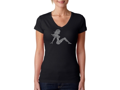 LA Pop Art Women's Word Art V-Neck T-Shirt - MUDFLAP GIRL, Large, Black