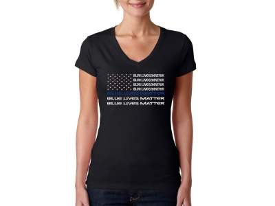 LA Pop Art Women's Word Art V-Neck T-Shirt - Blue Lives Matter, XXL, Black