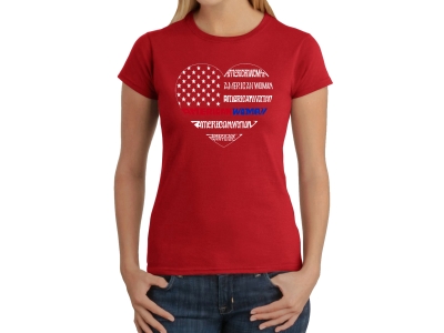 LA Pop Art Women's Word Art T-Shirt - American Woman, Small, Red