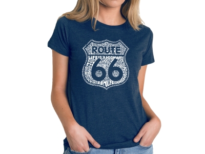 LA Pop Art Women's Premium Blend Word Art T-shirt - Route 66 - Life is a Highway, Small, Navy Blue