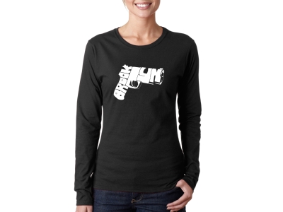 LA Pop Art Women's Word Art Long Sleeve T-Shirt - BROOKLYN GUN, Small, Black