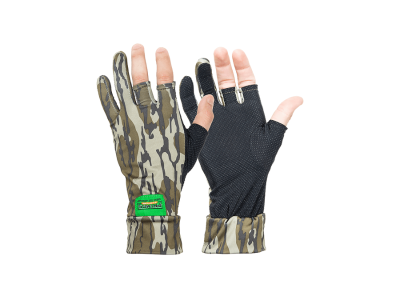 Primos Hunting Stretch Card Fingerless Gloves, One Size Fits Most, Mossy Oak Bottomland/Black