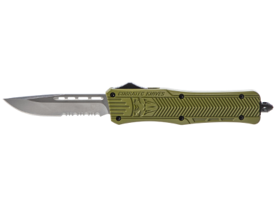 CobraTec 3" OTF Drop Point Serrated Knife D2 Green Aluminum Handle