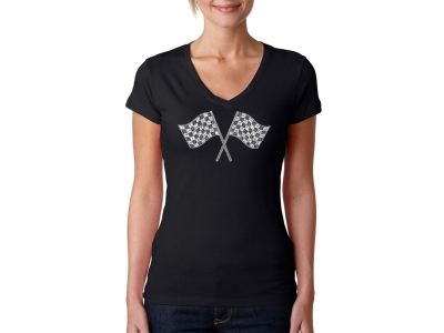 LA Pop Art Women's Word Art V-Neck T-Shirt - NASCAR NATIONAL SERIES RACE TRACKS, Extra Large, Black