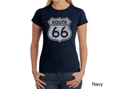 LA Pop Art Women's Word Art T-Shirt - CITIES ALONG THE LEGENDARY ROUTE 66