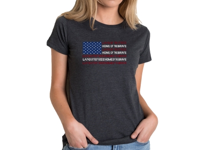 LA Pop Art Women's Premium Blend Word Art T-shirt- Land of the Free American Flag, Large, Black