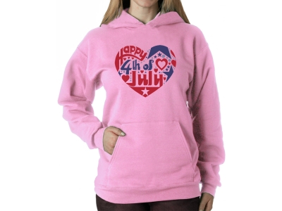 LA Pop Art Women's Word Art Hooded Sweatshirt - July 4th Heart, Small, Pink