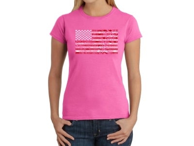 LA Pop Art Women's Word Art T-Shirt - Fireworks American Flag, Extra Small, Pink