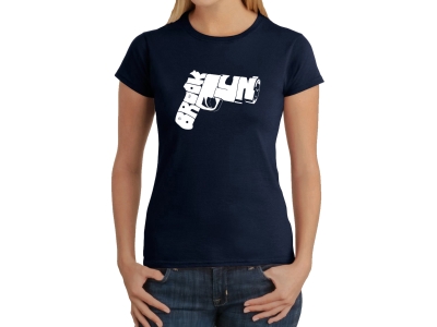 LA Pop Art Women's Word Art T-Shirt - BROOKLYN GUN, Small, Navy Blue