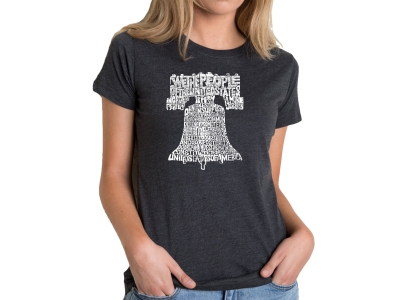 LA Pop Art Women's Premium Blend Word Art T-shirt - Liberty Bell, Small, Black