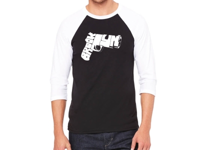 LA Pop Art Men's Raglan Baseball Word Art T-shirt - BROOKLYN GUN, Small, Black/White