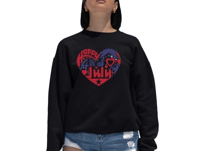 LA Pop Art Women's Word Art Crewneck Sweatshirt - July 4th Heart, Medium, Black