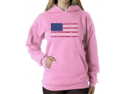 LA Pop Art Women's Word Art Hooded Sweatshirt - Land of the Free American Flag, XXL, Pink