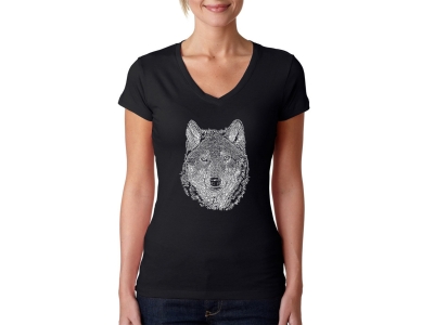 LA Pop Art Women's Word Art V-Neck T-Shirt - Wolf, XXL, Black