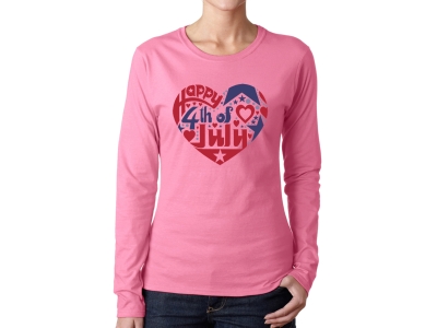 LA Pop Art Women's Word Art Long Sleeve T-Shirt - July 4th Heart, Extra Large, Pink