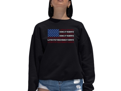 LA Pop Art Women's Word Art Crewneck Sweatshirt - Land of the Free American Flag, Large, Black