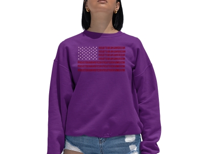 LA Pop Art Proud To Be An American - Women's Word Art Crewneck Sweatshirt, Small, Purple