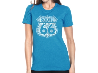 LA Pop Art Women's Premium Blend Word Art T-shirt - Route 66 - Life is a Highway, Small, Turquoise