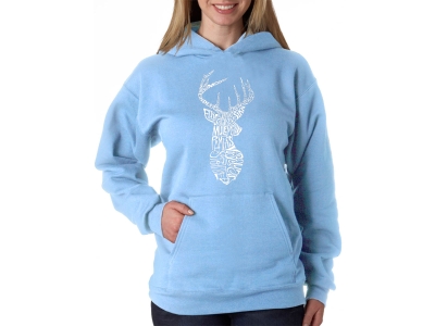 LA Pop Art Women's Word Art Hooded Sweatshirt - Types of Deer, Medium, Blue