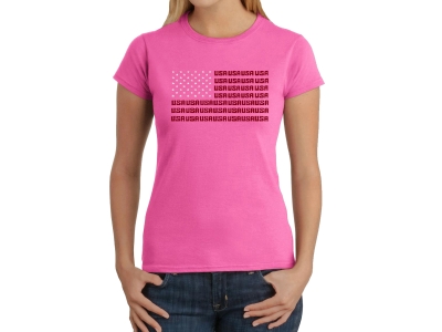 LA Pop Art Women's Word Art T-Shirt - USA Flag, Small, Pink