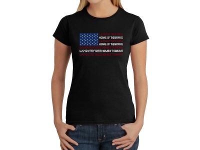 LA Pop Art Women's Word Art T-Shirt - Land of the Free American Flag