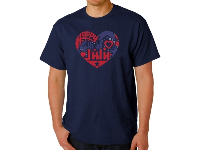 LA Pop Art Men's Word Art T-shirt - July 4th Heart, Small, Navy Blue