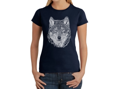 LA Pop Art Women's Word Art T-Shirt - Wolf, Extra Small, Navy Blue