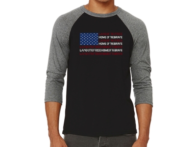 LA Pop Art Men's Raglan Baseball Word Art T-shirt- Land of the Free American Flag, XXL, Grey