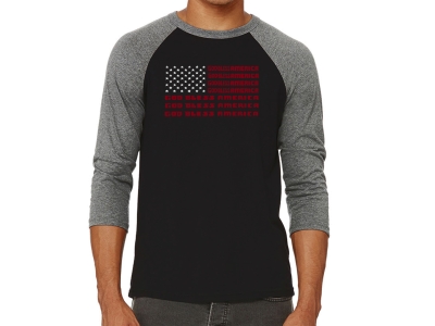 LA Pop Art Men's Raglan Baseball Word Art T-shirt - God Bless America, Medium, Grey
