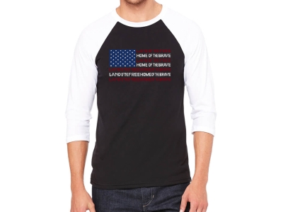 LA Pop Art Men's Raglan Baseball Word Art T-shirt- Land of the Free American Flag
