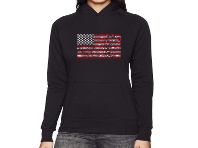 LA Pop Art Women's Word Art Hooded Sweatshirt - Fireworks American Flag, Extra Large, Black