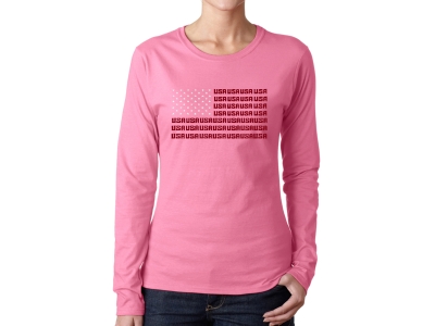 LA Pop Art Women's Word Art Long Sleeve T-Shirt - USA Flag, Medium, Pink