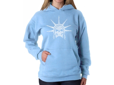 LA Pop Art Women's Word Art Hooded Sweatshirt - Freedom Skull, Large, Blue