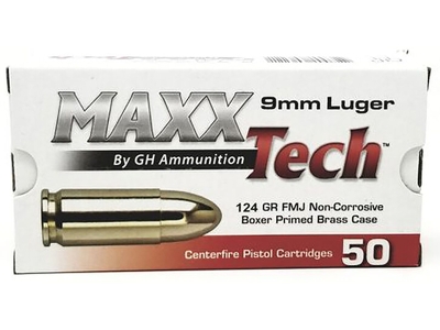 MaxxTech Brass Pistol 9mmLuger 124gr Full Metal Jacket, 9mm Luger, 50