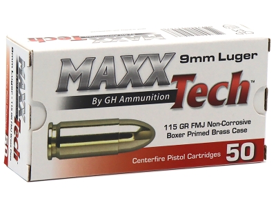 MaxxTech Brass Pistol 9mmLuger 115gr Full Metal Jacket, 9mm Luger, 50